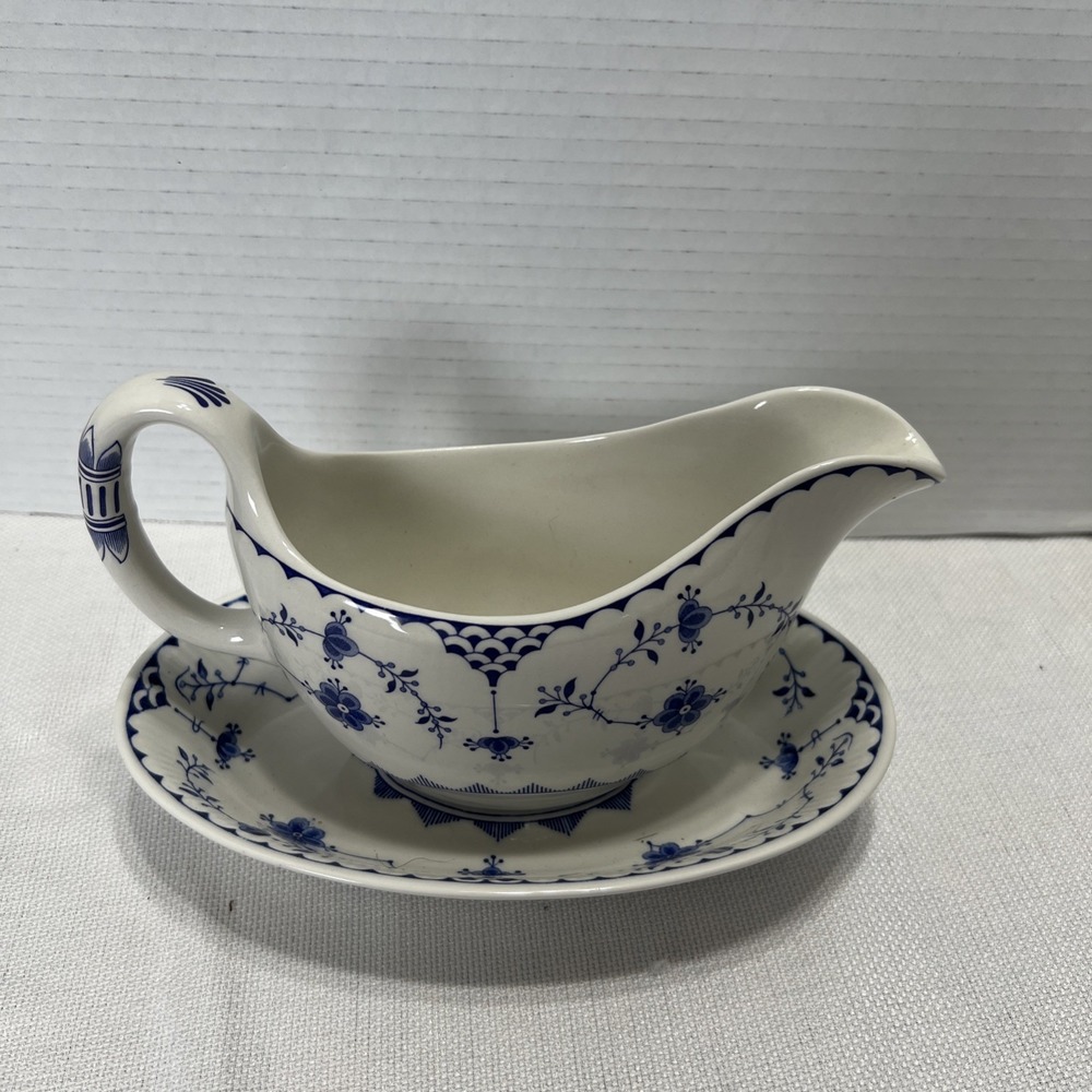 Antique Denmark Furnivals Blue & White Ironstone England Gravy Boat With Dish